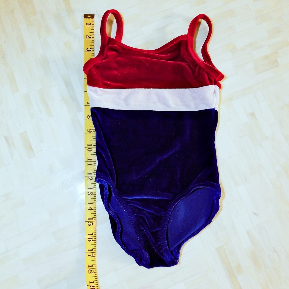 K-Bee Velour Red White Blue Gymnastics Leotard.